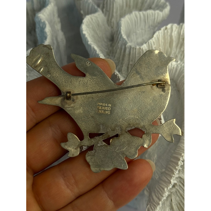 925 Sterling Silver Brooch Turquoise Birds Length 2.20 inch
