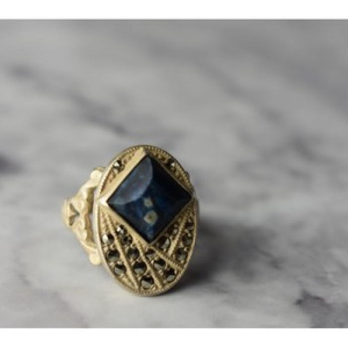 925 Sterling Silver Sodalite & Marcasites Ring Size 6