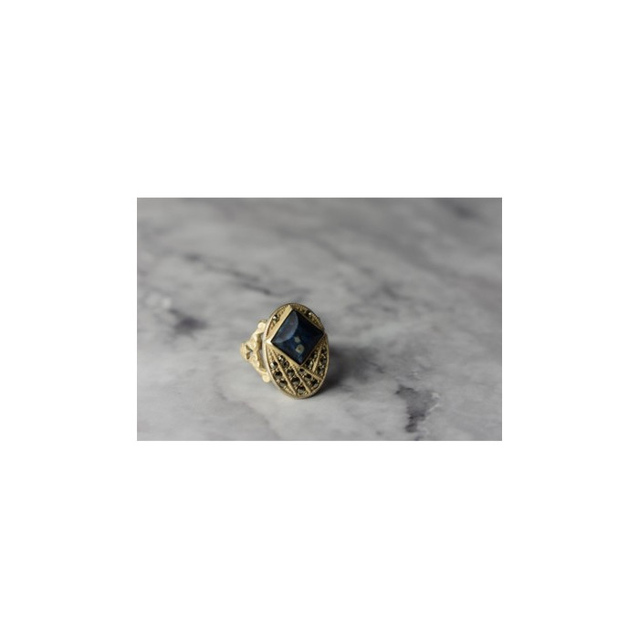 925 Sterling Silver Sodalite & Marcasites Ring Size 6