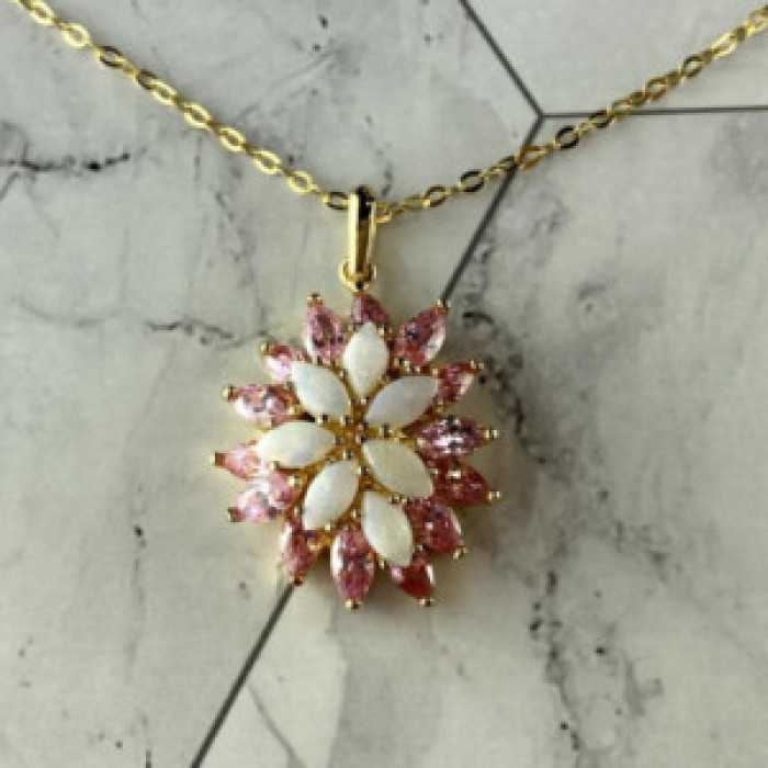 925 Sterling Silver Gold Plated Opal & Morganite Chain With Pendant