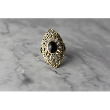 925 Sterling Silver Black Tourmaline & Marcasites Ring Size 6