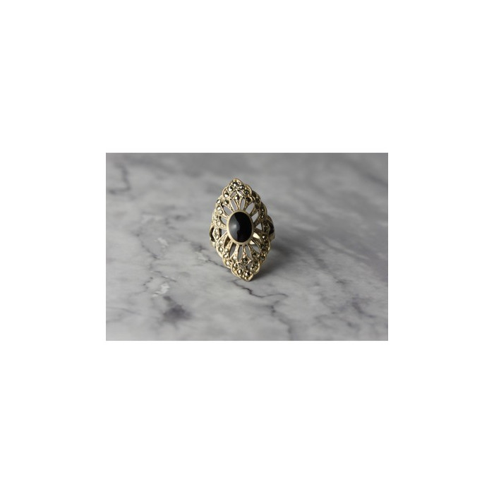 925 Sterling Silver Black Tourmaline & Marcasites Ring Size 6