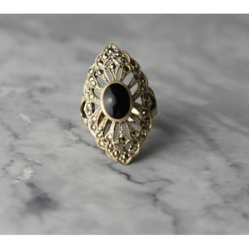 925 Sterling Silver Black Tourmaline & Marcasites Ring Size 6