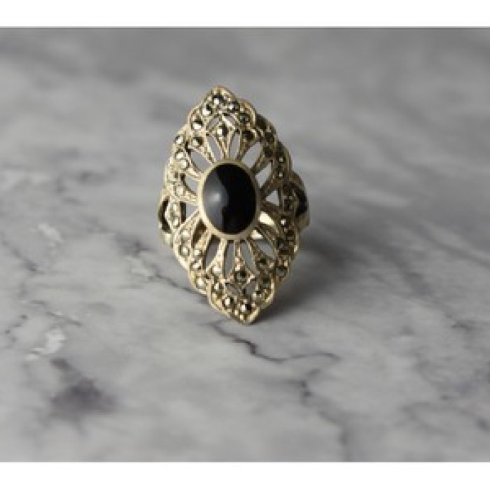925 Sterling Silver Black Tourmaline & Marcasites Ring Size 6