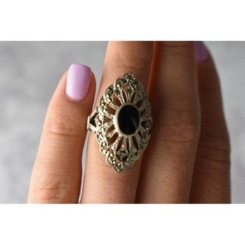 925 Sterling Silver Black Tourmaline & Marcasites Ring Size 6