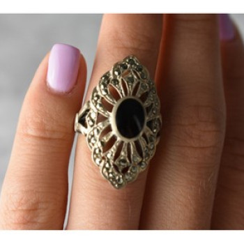 925 Sterling Silver Black Tourmaline & Marcasites Ring Size 6