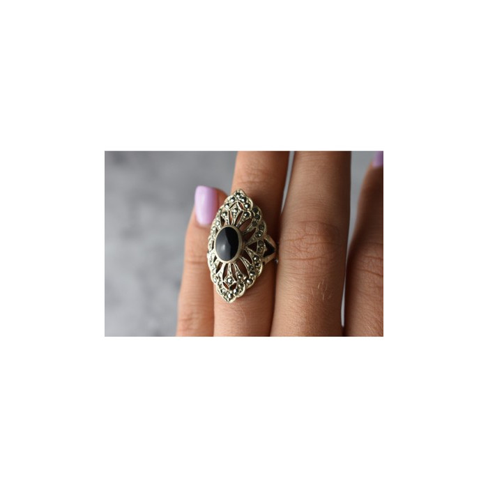 925 Sterling Silver Black Tourmaline & Marcasites Ring Size 6