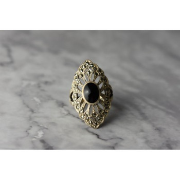 925 Sterling Silver Black Tourmaline & Marcasites Ring Size 6