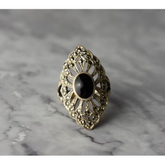 925 Sterling Silver Black Tourmaline & Marcasites Ring Size 6