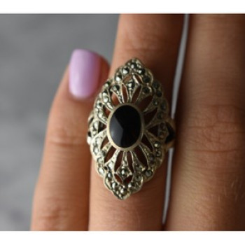 925 Sterling Silver Black Tourmaline & Marcasites Ring Size 6