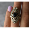 925 Sterling Silver Black Tourmaline & Marcasites Ring Size 6