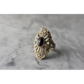 925 Sterling Silver Black Tourmaline & Marcasites Ring Size 6