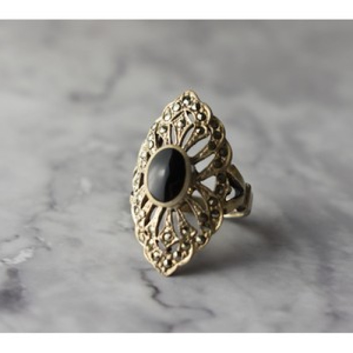 925 Sterling Silver Black Tourmaline & Marcasites Ring Size 6