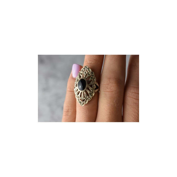 925 Sterling Silver Black Tourmaline & Marcasites Ring Size 6