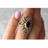 925 Sterling Silver Black Tourmaline & Marcasites Ring Size 6