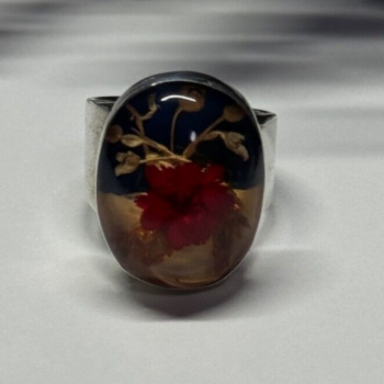 925 Sterling Silver With Natural Flowers In Epoxy Resin Ring Size 5