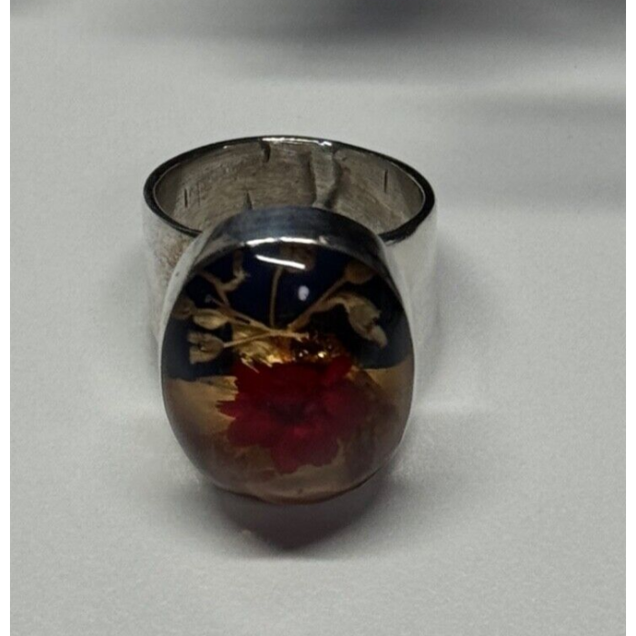 925 Sterling Silver With Natural Flowers In Epoxy Resin Ring Size 5