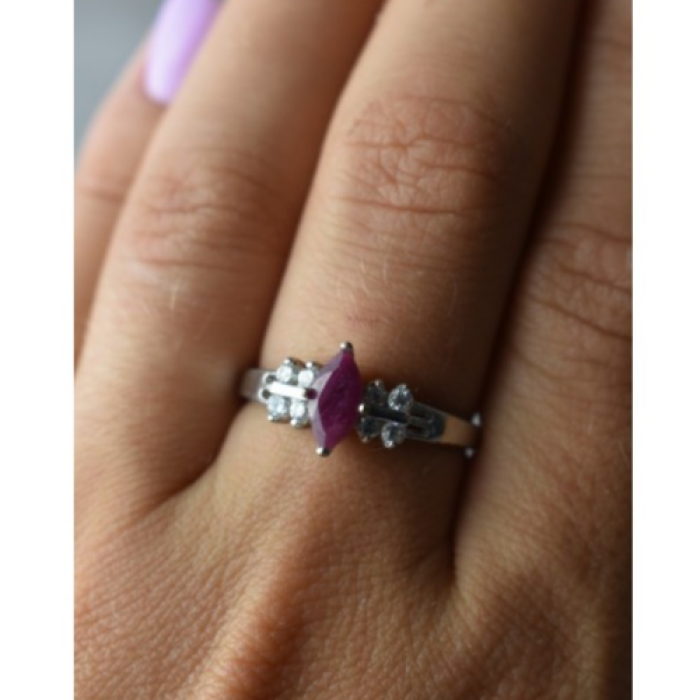 925 Sterling Silver Rubellite & CZ Ring Size 9