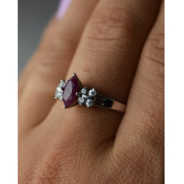 925 Sterling Silver Rubellite & CZ Ring Size 9