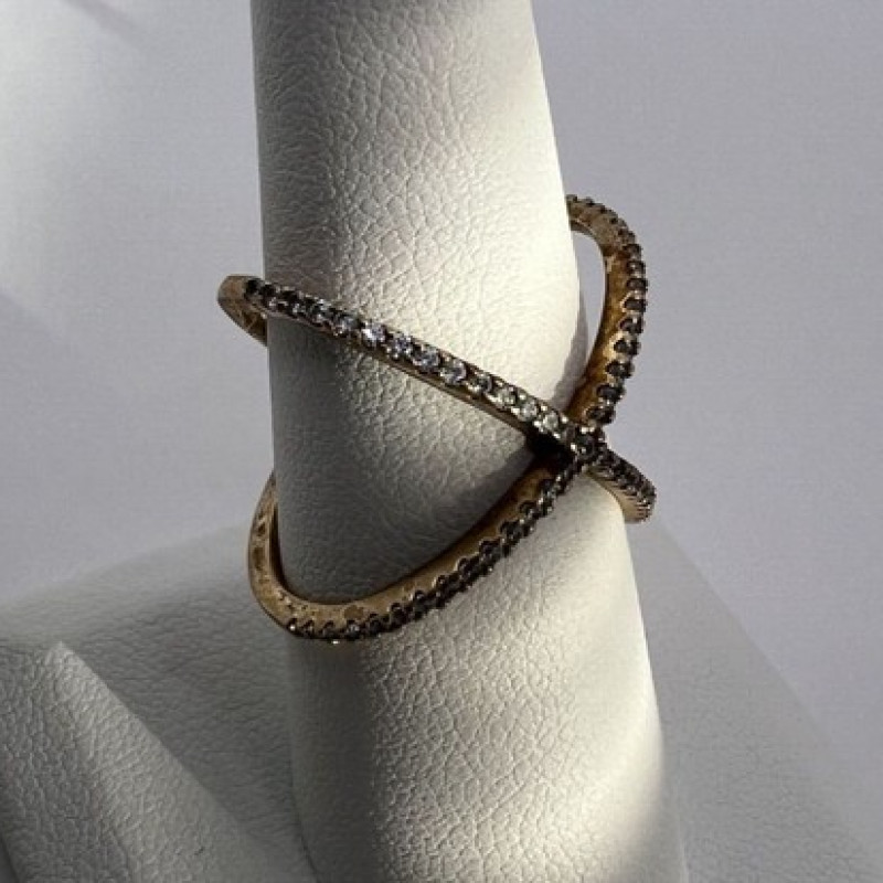 925 Sterling Silver Gold Plated CZ Criss Cross Ring Size 7