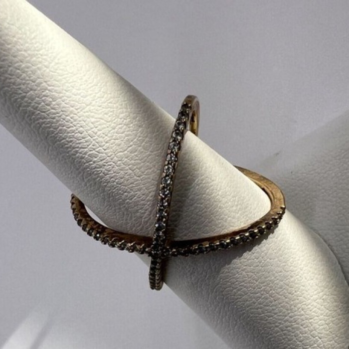 925 Sterling Silver Gold Plated CZ Criss Cross Ring Size 7