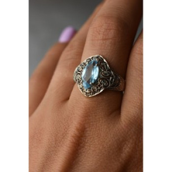 925 Sterling Silver Blue Spinel Openwork Ring Size 8.5