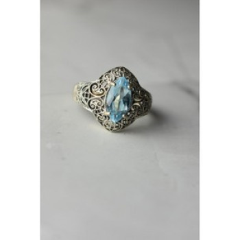 925 Sterling Silver Blue Spinel Openwork Ring Size 8.5
