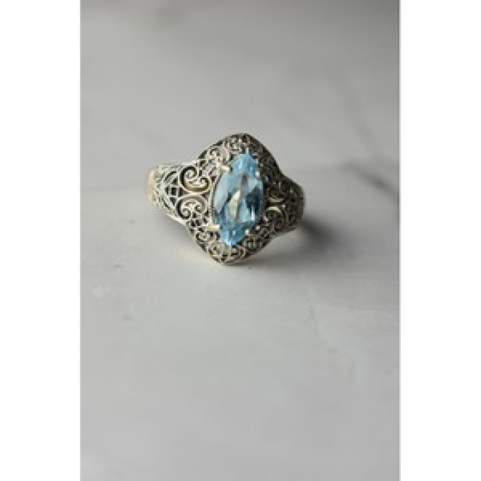 925 Sterling Silver Blue Spinel Openwork Ring Size 8.5