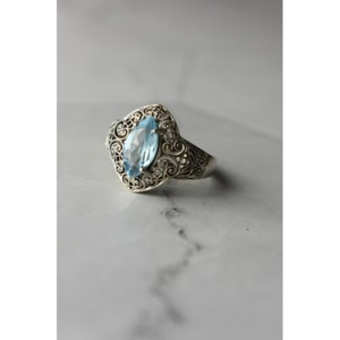 925 Sterling Silver Blue Spinel Openwork Ring Size 8.5