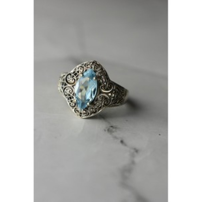 925 Sterling Silver Blue Spinel Openwork Ring Size 8.5