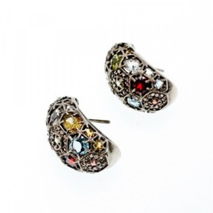 925 Sterling Silver Multi Gemstones Stud Earrings
