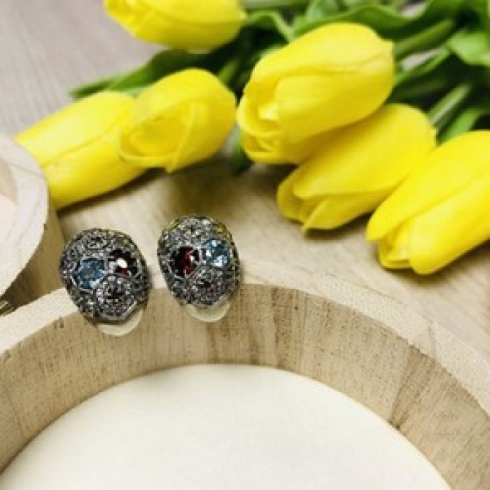 925 Sterling Silver Multi Gemstones Stud Earrings