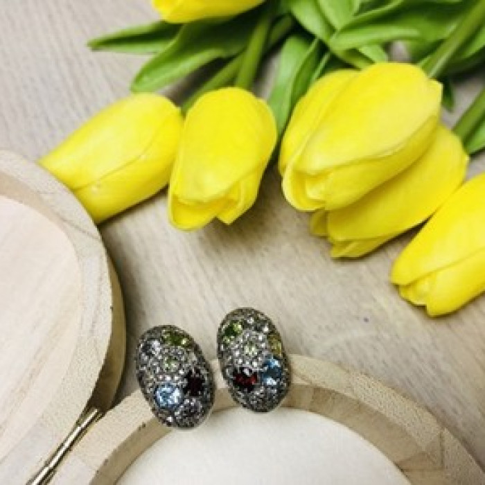 925 Sterling Silver Multi Gemstones Stud Earrings