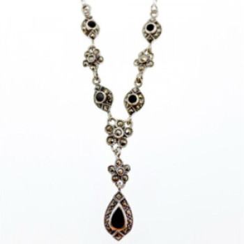 925 Sterling Silver Nephrite & Marcasite Necklase