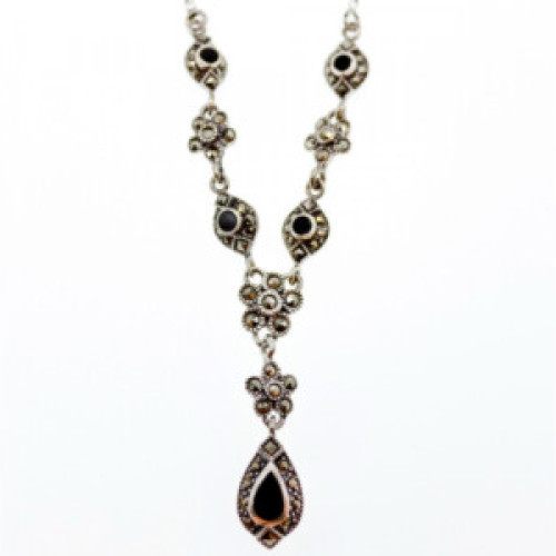 925 Sterling Silver Nephrite & Marcasite Necklase