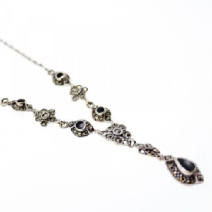 925 Sterling Silver Nephrite & Marcasite Necklase