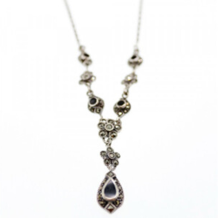 925 Sterling Silver Nephrite & Marcasite Necklase