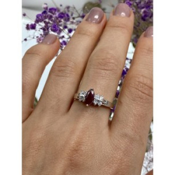 925 Sterling Silver Rubellite & CZ Ring Size 9