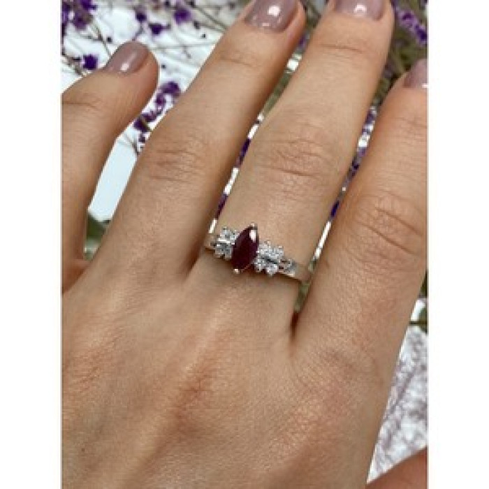 925 Sterling Silver Rubellite & CZ Ring Size 9