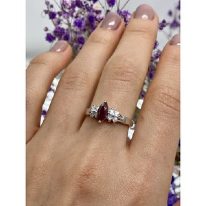 925 Sterling Silver Rubellite & CZ Ring Size 9