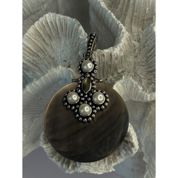 925 Sterling Silver Abalone & Pearl Pendant Length 2.30 inch