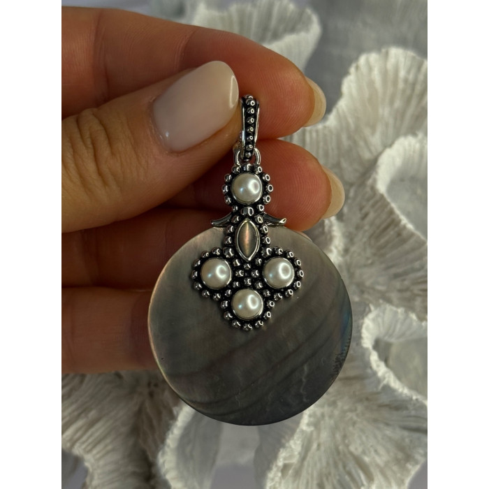 925 Sterling Silver Abalone & Pearl Pendant Length 2.30 inch