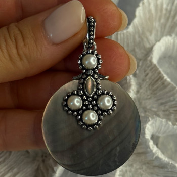 925 Sterling Silver Abalone & Pearl Pendant Length 2.30 Inch