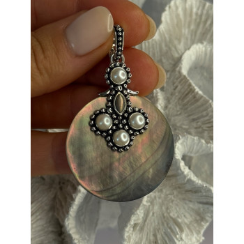 925 Sterling Silver Abalone & Pearl Pendant Length 2.30 inch