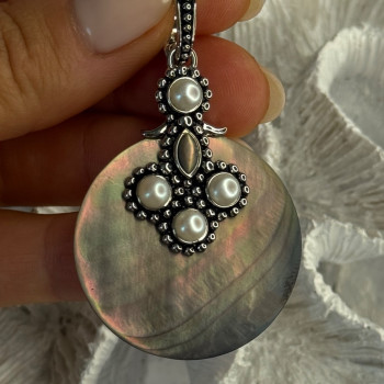 925 Sterling Silver Abalone & Pearl Pendant Length 2.30 Inch