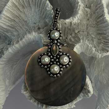 925 Sterling Silver Abalone & Pearl Pendant Length 2.30 Inch