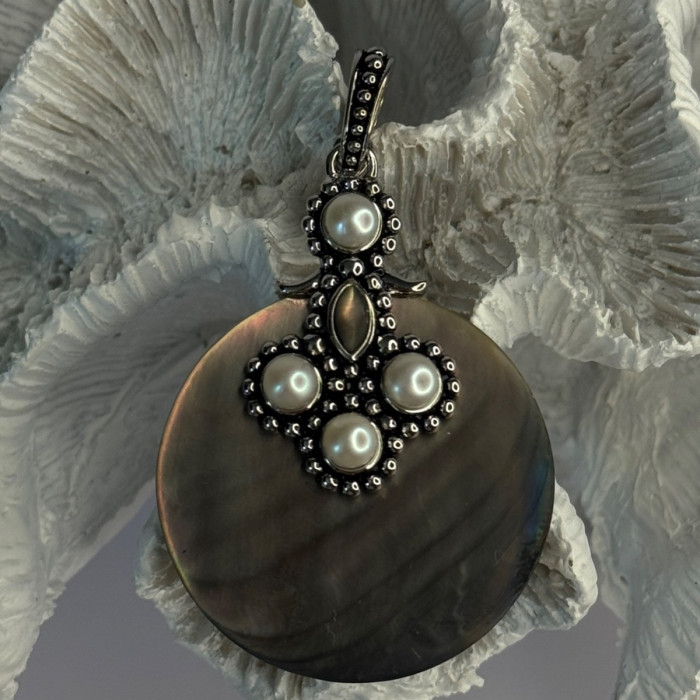 925 Sterling Silver Abalone & Pearl Pendant Length 2.30 Inch