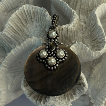 925 Sterling Silver Abalone & Pearl Pendant Length 2.30 Inch