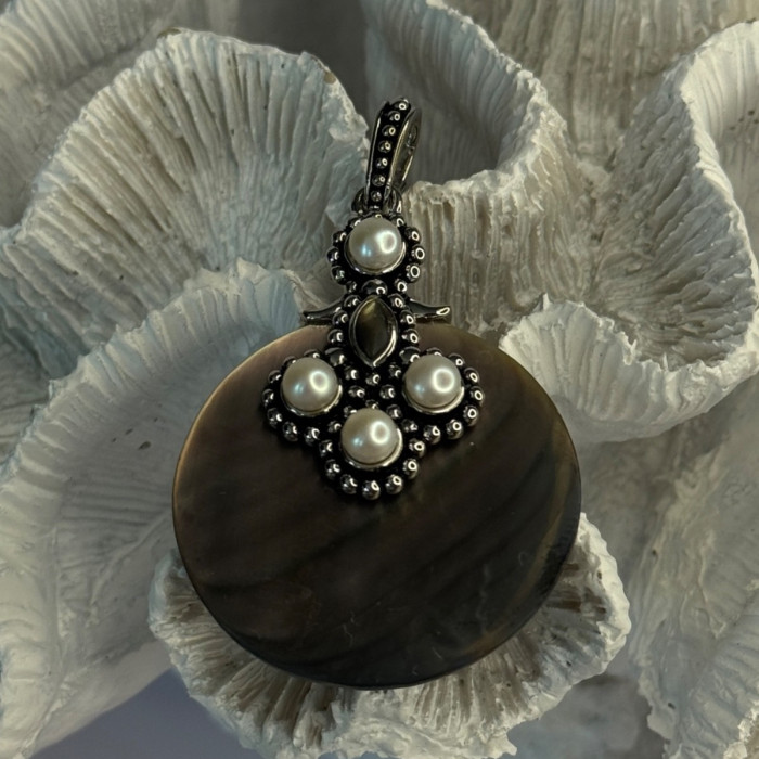 925 Sterling Silver Abalone & Pearl Pendant Length 2.30 Inch