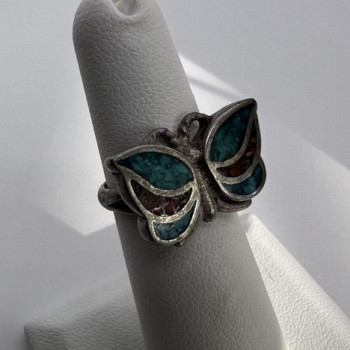 925 Sterling Silver & Opal Butterfly Ring Size 4.5